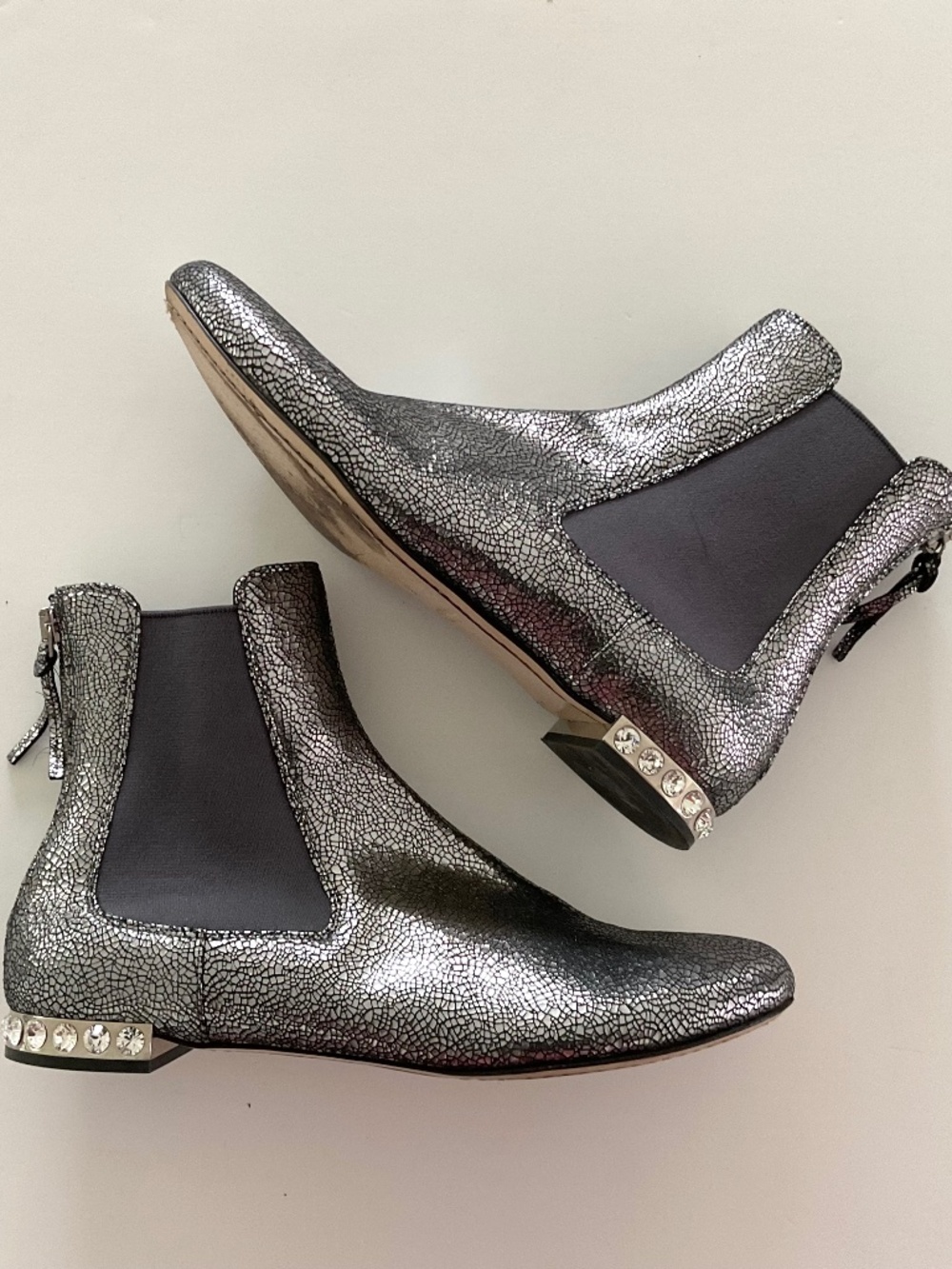 MIU MIU Crackled Silver Metallic Leather Crystal Heel Ankle Boots Sz EU 37